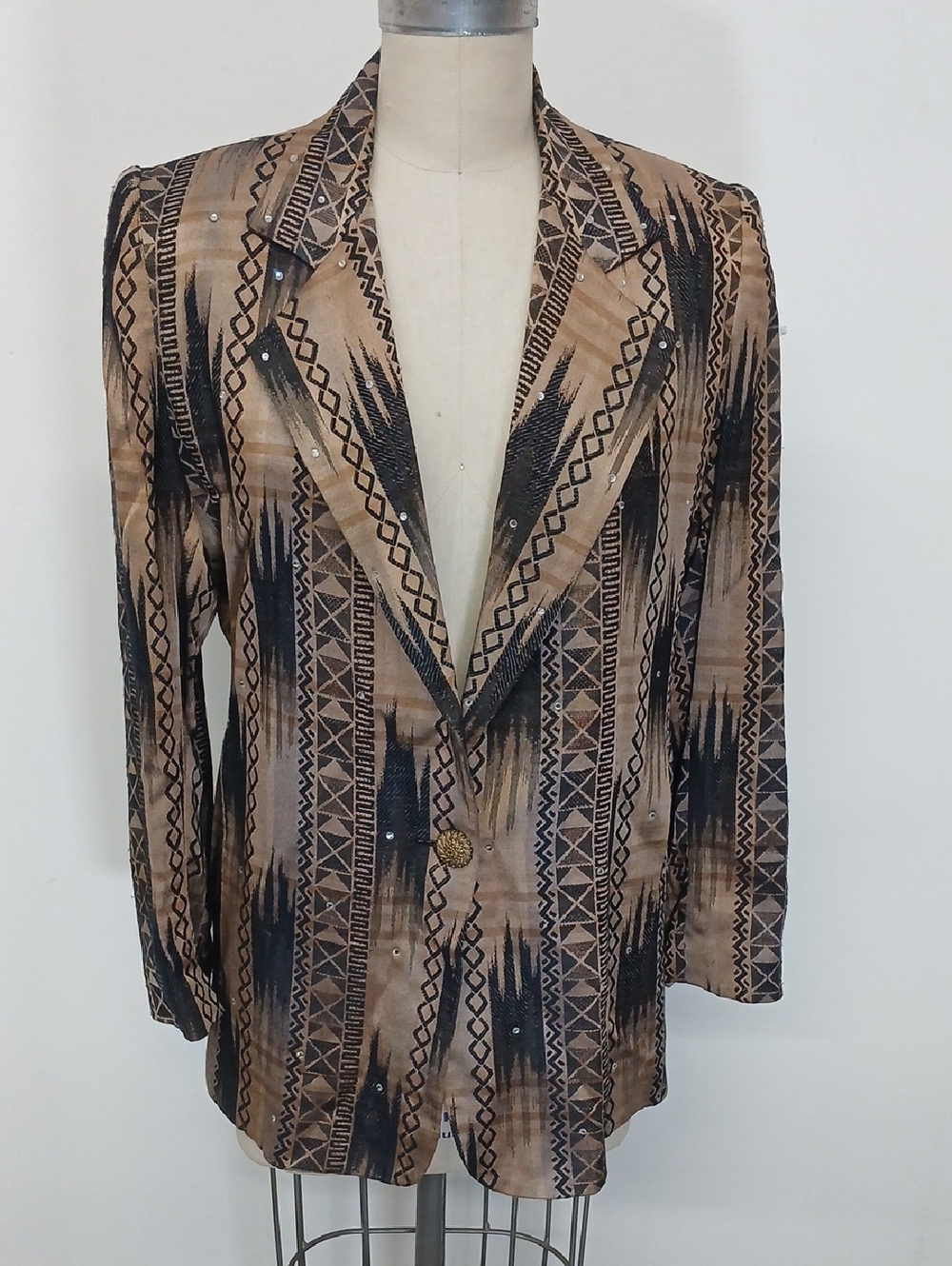 Vintage Lori Zoni Brown & Black Patterned Women's Blazer with Sequin Details / M